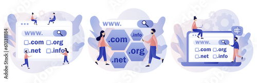 Domain registration concept. Tiny people choose, find, purchase, register website domain name. Online hosting service. Modern flat cartoon style. Vector illustration on white background
