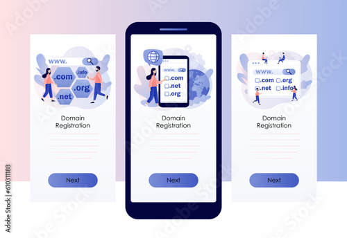 Domain registration concept. Tiny people choose, find, purchase, register website domain name. Online hosting service. Screen template for mobile, smartphone app. Modern flat cartoon style. Vector