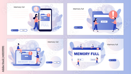 Memory space full notification. Cleaning mobile phone or computer memory or storage. Folder full. Screen template for landing page, template, ui, web, mobile app, poster, banner, flyer. Vector 
