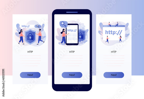 Hypertext Transfer Protocol concept. HTTP data web page. Web browser. Internet communication protocol. Screen template for mobile, smartphone app. Modern flat cartoon style. Vector illustration
