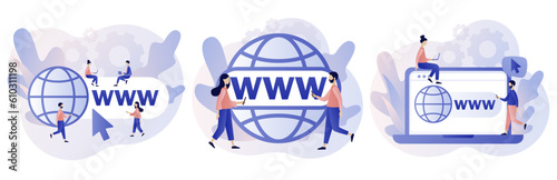World wide web. Globe internet search concept. WWW icon. Tiny people looking for information on websites. Modern flat cartoon style. Vector illustration on white background