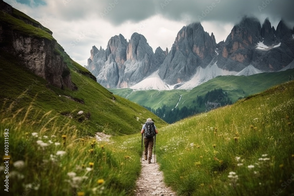 Fototapeta premium Man hiking on a mountain trail, surrounded by the majestic peaks of nature. This artwork captures the spirit of adventure, perseverance, and the indescribable beauty of mountains. Ai generated