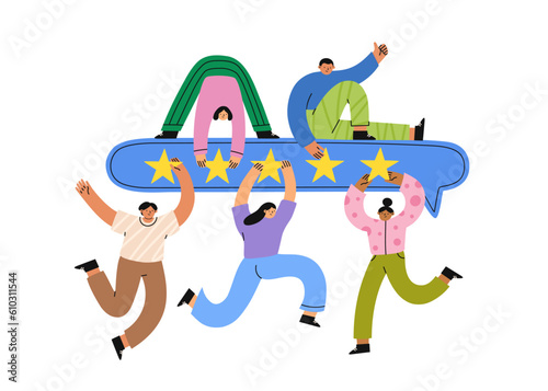 Consumer feedback. People give five stars feedback. Clients leaving positive review. Flat cartoon vector illustration.