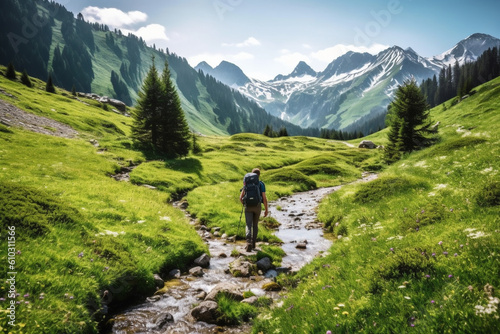 Man hiking on a mountain trail, surrounded by the majestic peaks of nature. This artwork captures the spirit of adventure, perseverance, and the indescribable beauty of mountains. Ai generated