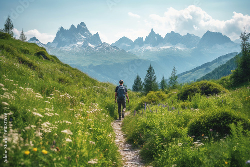 Man hiking on a mountain trail, surrounded by the majestic peaks of nature. This artwork captures the spirit of adventure, perseverance, and the indescribable beauty of mountains. Ai generated