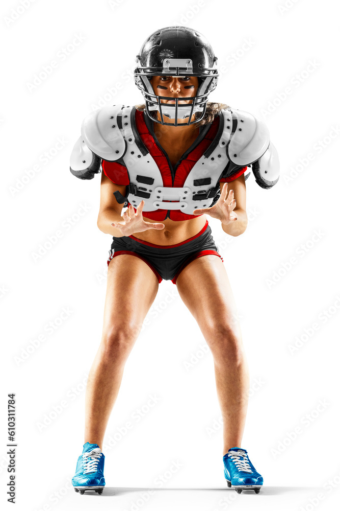 female american football player in uniform and jersey T-shirt posing with helmet isolated on white background