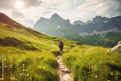 Man hiking on a mountain trail, surrounded by the majestic peaks of nature. This artwork captures the spirit of adventure, perseverance, and the indescribable beauty of mountains. Ai generated