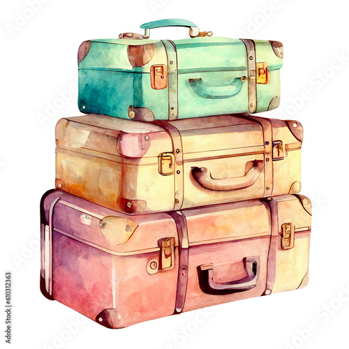 Watercolor Painting of Three Retro VintageThree Suitcases. AI generative. Isolated on White and PNG Transparent Background. photo