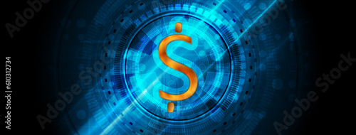 Glowing blue hi-tech HUD gears background with golden dollar sign. Vector banner design
