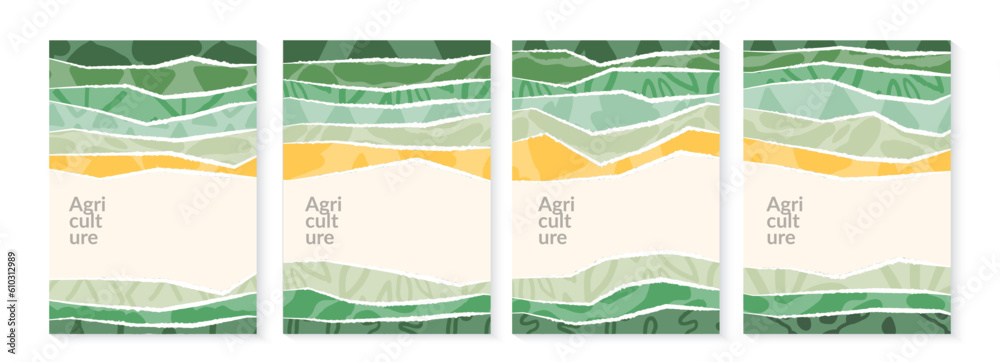 Green nature collage eco abstract vector background. Agricultural field landscape with texture, ecology poster design. Summer aesthetic illustration set. Environmental card, organic agro pattern