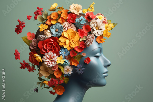 Concept of mental health, featuring a female head adorned with blooming flowers instead of hair. Mental well-being, embracing creativity, and fostering a positive and flourishing mindset. Ai generated © twindesigner