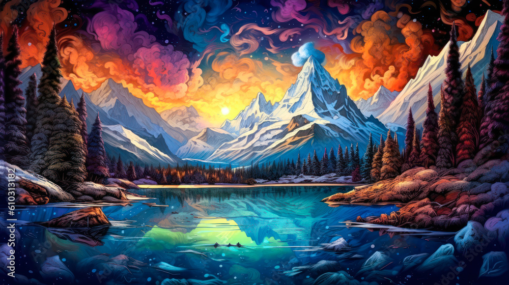 Mountains landscape, lake, empty background, colorful, swriling sky, painting. Generative AI