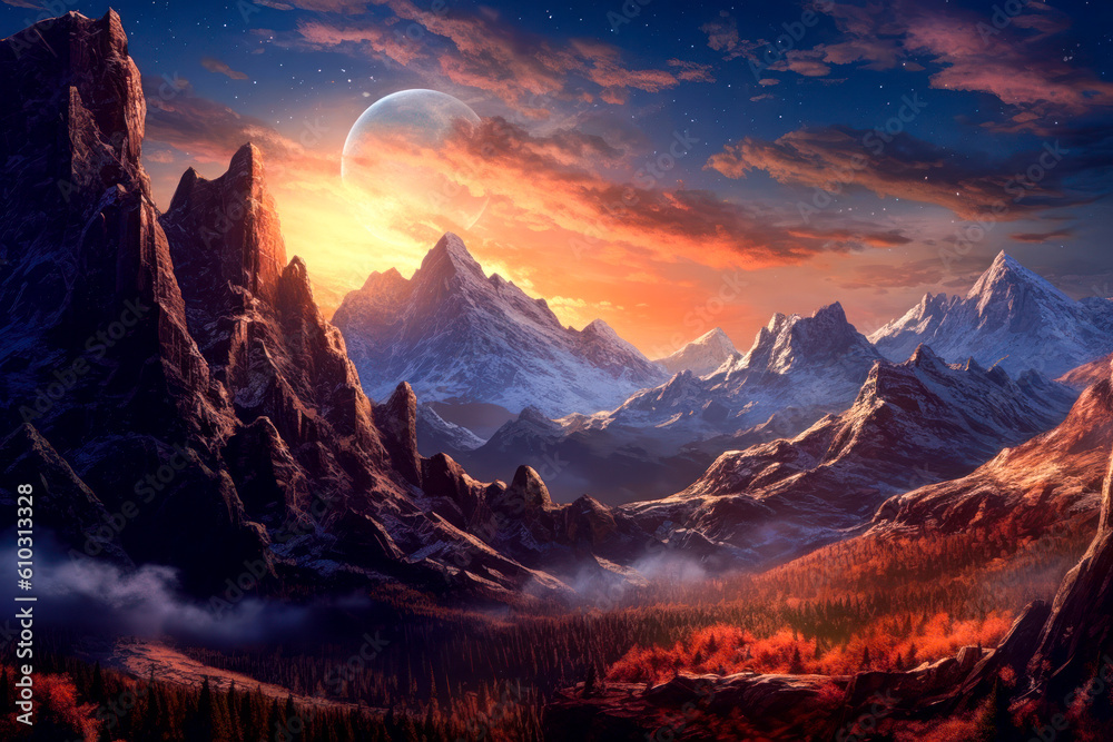 Mountains landscape, large moon, fantasy, sci fi, photorealism. Generative AI