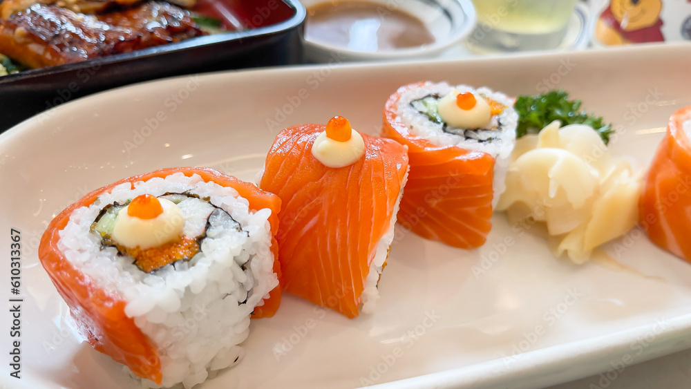Closeup of Sushi with salmon rice combined in a traditional Japanese dish Closeup of Sushi with salmon rice combined in a traditional Japanese dish