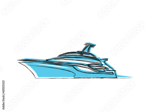 Doodle line drawing of Yacht. Boat line art drawing vector illustration. Abstrat Yacht lineart.