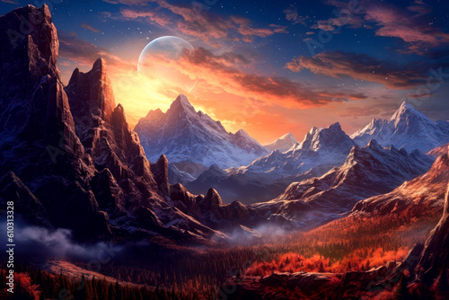 Mountains landscape, large moon, fantasy, sci fi, photorealism. Generative AI © Sunshower Shots
