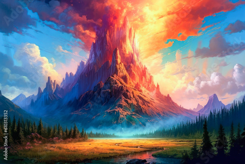 Fiery mountain landscape, empty background, colorful, painting. Generative AI