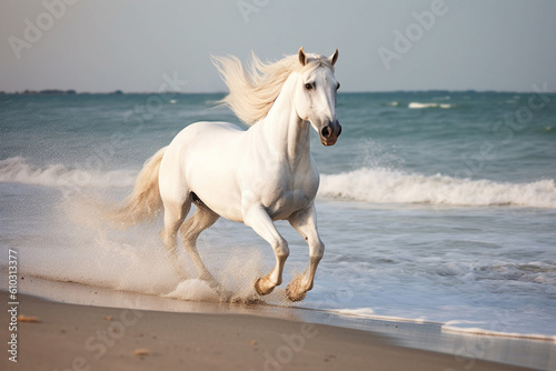 Magnificent white horse galloping freely on the beach. This artwork embodies the essence of grace, power, and untamed spirit. Ai generated