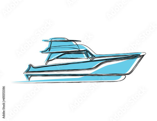 Doodle line drawing of Yacht. Boat line art drawing vector illustration. Abstrat Yacht lineart.