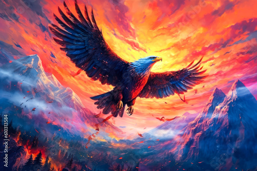 Bald eagle flying, mountains landscape, colorful, painting. Generative AI © Sunshower Shots
