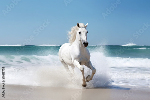 Magnificent white horse galloping freely on the beach. This artwork embodies the essence of grace, power, and untamed spirit. Ai generated