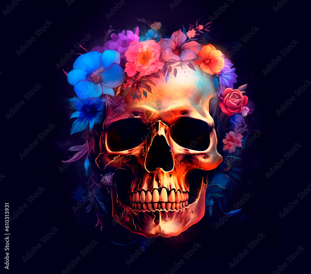 realistic spectral light illuminates a transparent bright skull with flowers abstract floral art on a dark background realistic spectral light illuminates a transparent bright skull with flowers abstract floral art on a dark background