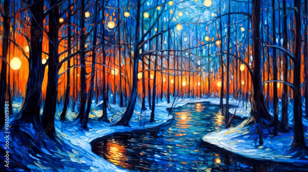 Forest landscape, winter, night, empty background, painting. Generative AI