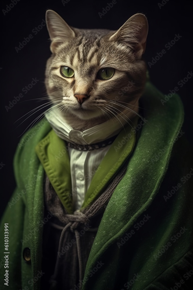 Illustration of a cat wearing a green vintage costume suit with a white shirt created with Generative AI technology