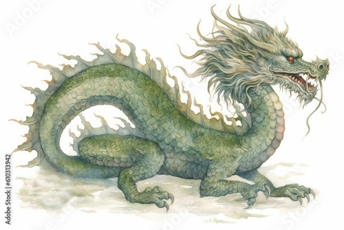 A watercolor print featuring an Asian inspired green dragon, adorned with intricate patterns and delicate brushstrokes © PinkiePie