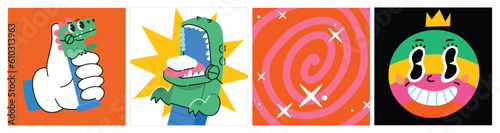 Hand drawn funny cute comic about dangers of excessive sugar intake. Popular candy provoke trippy eyes. Vector illustartions. Cartoon style. Flat design.  Square Posters. Sugar addiction. Maltodextrin