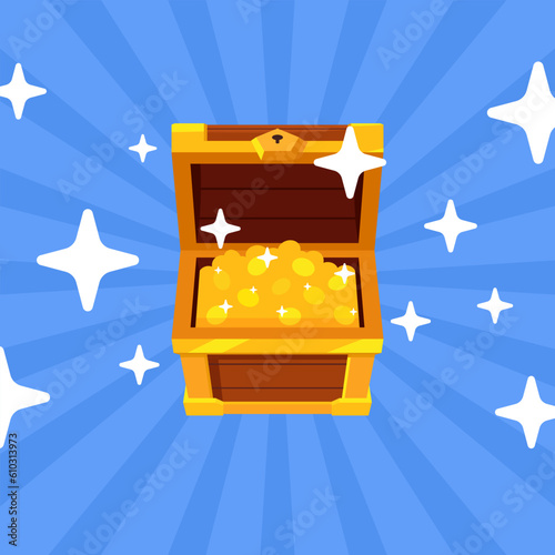 Open mystery wooden chest has a golden coin. Treasure on blue background. Precious treasure concept. Vector illustration cartoon flat design.	
