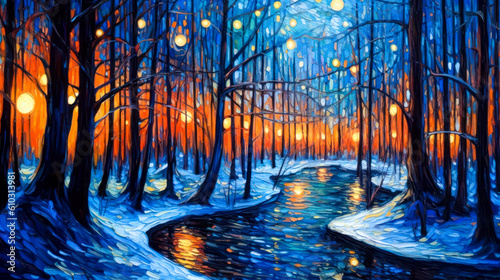Forest landscape  winter  night  empty background  painting. Generative AI