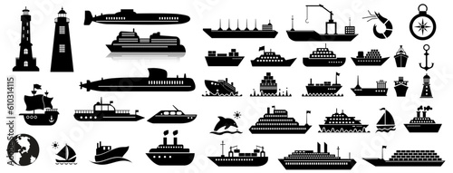 Photo Sea, ship and wave silhouette vector icon illustration collection