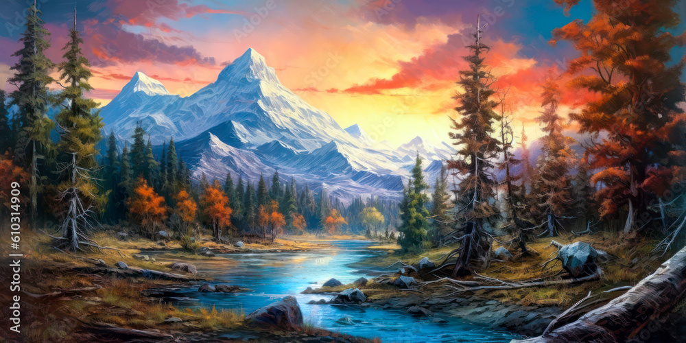 Mountains landscape, stream, background, colorful, painting. Generative AI