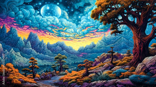 Fantasy landscape, mountains, night, background, colorful, painting. Generative AI