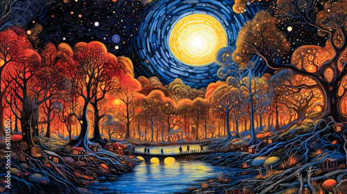 Fantasy forest landscape, night, moon, river, background, colorful, painting. Generative AI