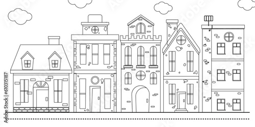 Small town neighborhood line art vector illustration. Small town outline design. photo