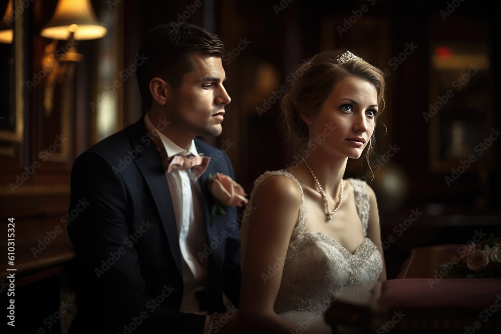 Portrait couple of groom and bride in the luxury hotels, generative AI Portrait couple of groom and bride in the luxury hotels, generative AI