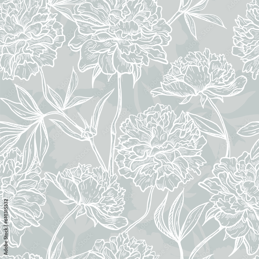 Peonies Vector Floral Seamless Pattern. Vintage Flower Monochrome Gray Background with Hand Drawn Sketch Peony Flowers and Leaves.