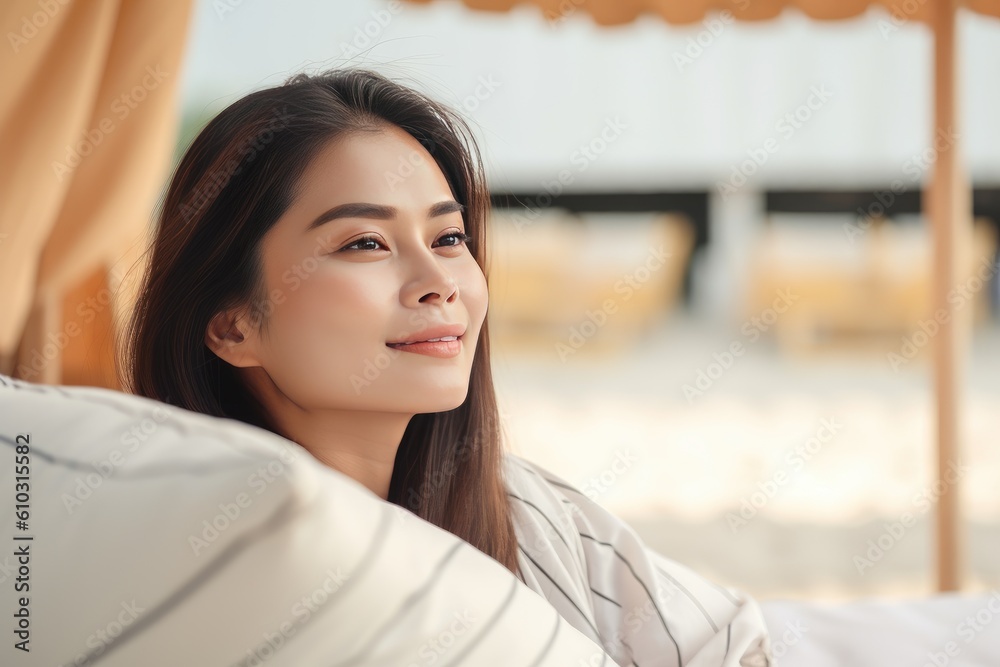 Happy woman lying down relaxing enjoying on sofa at the beach, lifestyle, generative AI Happy woman lying down relaxing enjoying on sofa at the beach, lifestyle, generative AI
