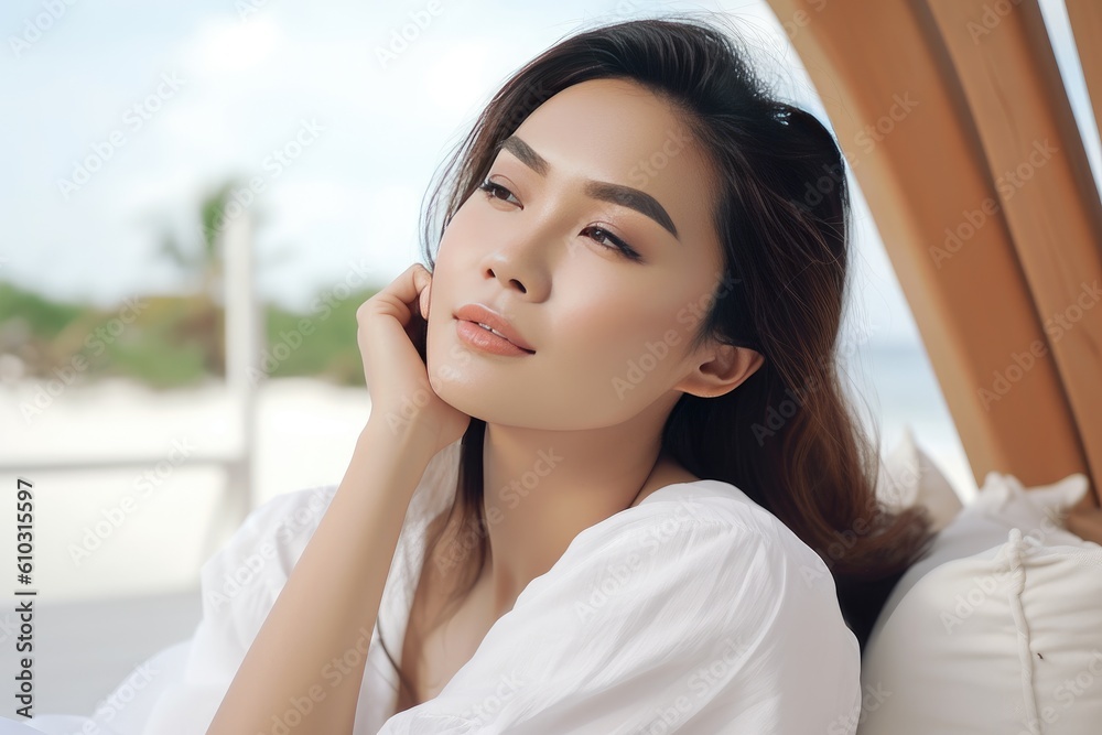 Happy woman lying down relaxing enjoying on sofa at the beach, lifestyle, generative AI Happy woman lying down relaxing enjoying on sofa at the beach, lifestyle, generative AI