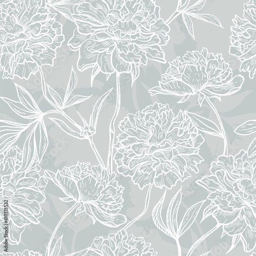 Peonies Vector Floral Seamless Pattern. Vintage Flower Monochrome Gray Background with Hand Drawn Sketch Peony Flowers and Leaves.