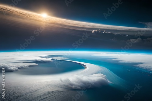 Tropical cyclone viewed from space, with swirling clouds and lightning visible. Generative AI