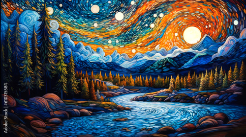 Stylized landscape, night, river, swirling night sky, background, colorful, painting. Generative AI