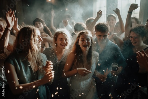 People celebrating their wedding on the dance floor with friends and family, generative AI