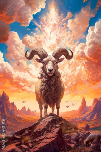 Goat on a rock, mountains landscape, colorful, painting. Generative AI