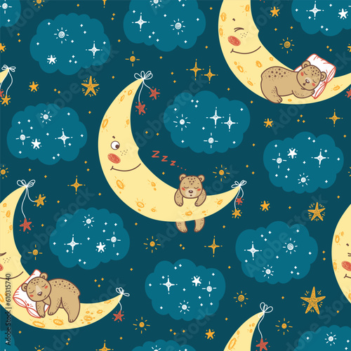 Vector Cute Teddy Bears Seamless Night Pattern. Childish Background with Sleeping Little Bear Cubs on Moon with Stars and Clouds. Baby Colorful Wallpaper. Great for Baby Pajamas or Bedding.