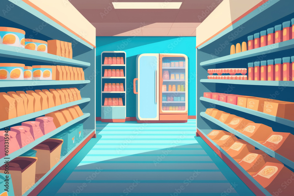 Aisle in grocery store and shelves with display shelf full of products to buy, cartoon style, AI generated