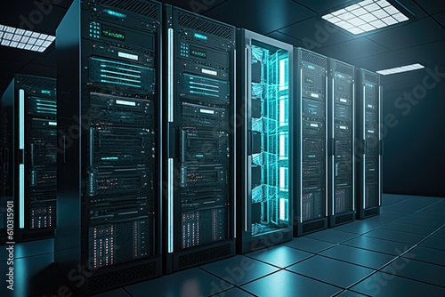 Working Data Center Full of Rack Servers and Supercomputers, Modern Telecommunications, Artificial Intelligence, Supercomputer Technology, generative AI