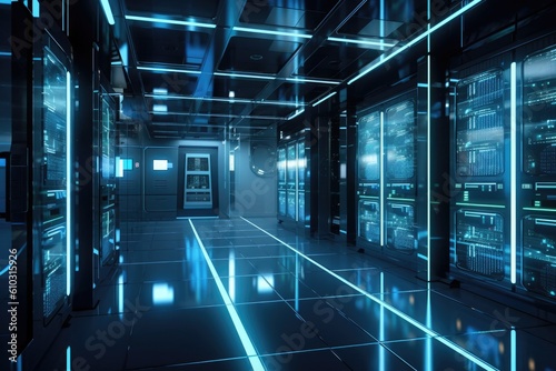 Working Data Center Full of Rack Servers and Supercomputers, Modern Telecommunications, Artificial Intelligence, Supercomputer Technology, generative AI